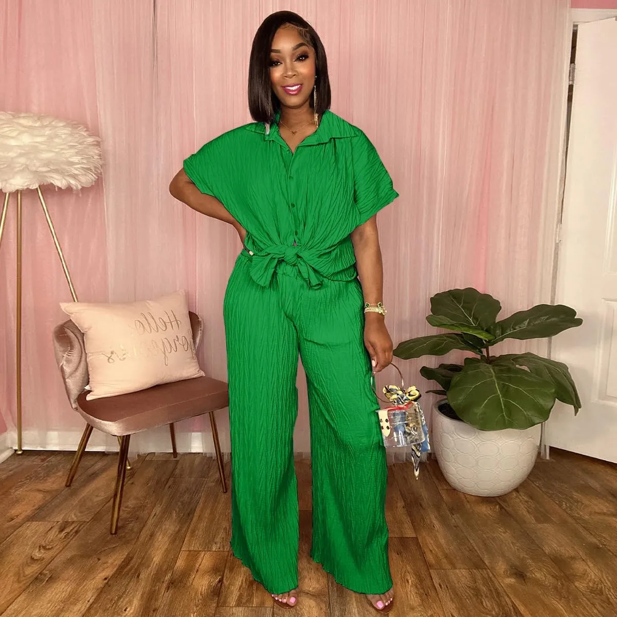 Casual Two Piece Set for Women - Button Down Shirt and Wide Leg Pants Matching Set Tracksuits