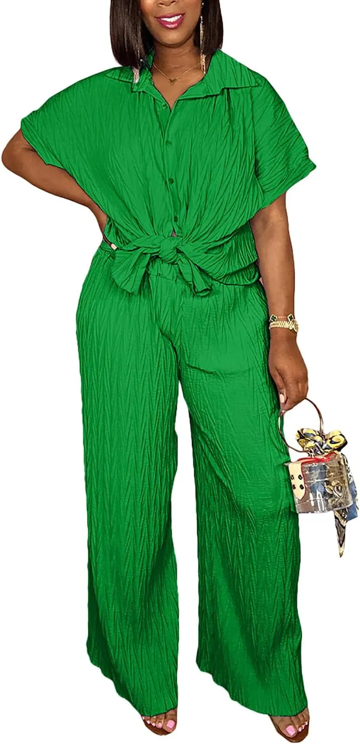 Casual Two Piece Set for Women - Button Down Shirt and Wide Leg Pants Matching Set Tracksuits
