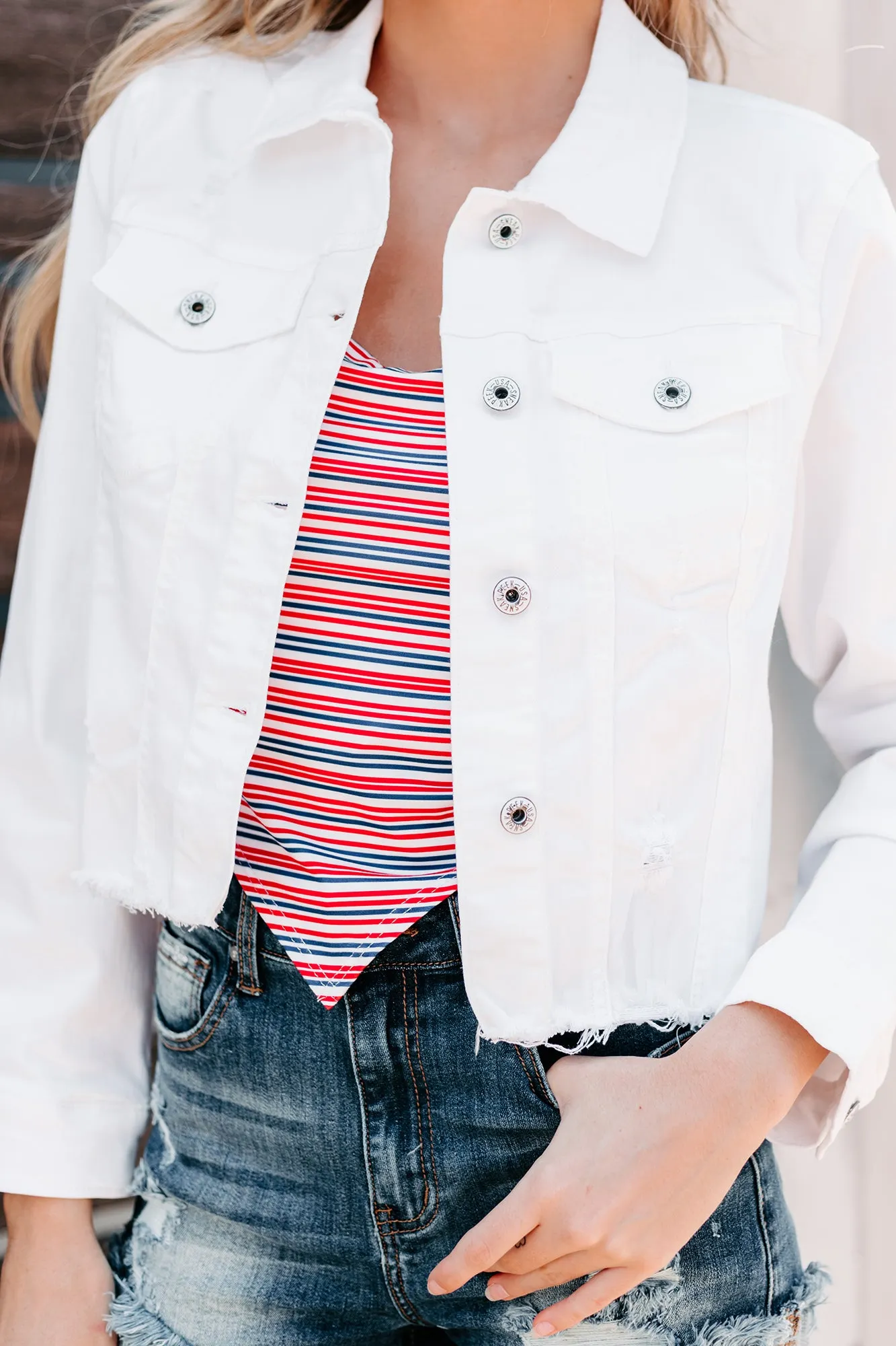 Certainly Cute Distressed Cropped Denim Jacket (White)