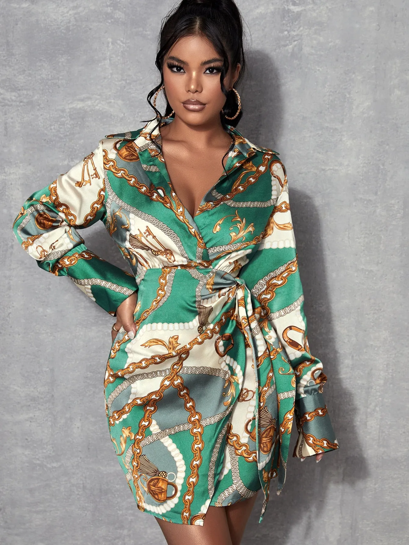Chain Print Button Long Sleeve Collar Wrap High Waist Short Dress