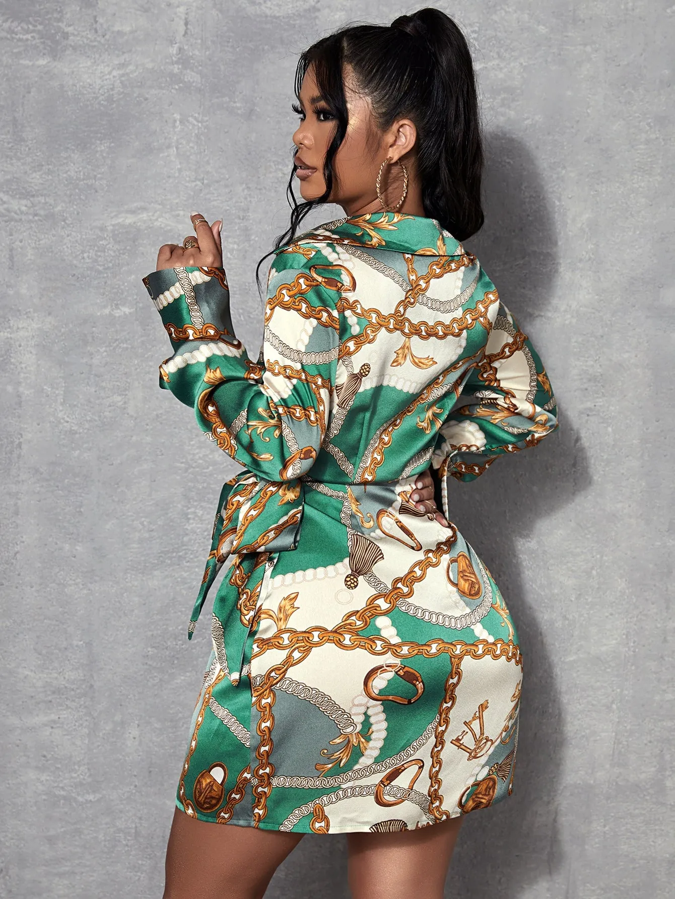 Chain Print Button Long Sleeve Collar Wrap High Waist Short Dress