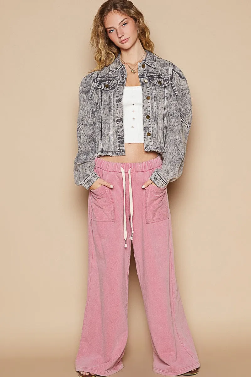 Charcoal Raw Hem Button Up Cropped Denim Jacket