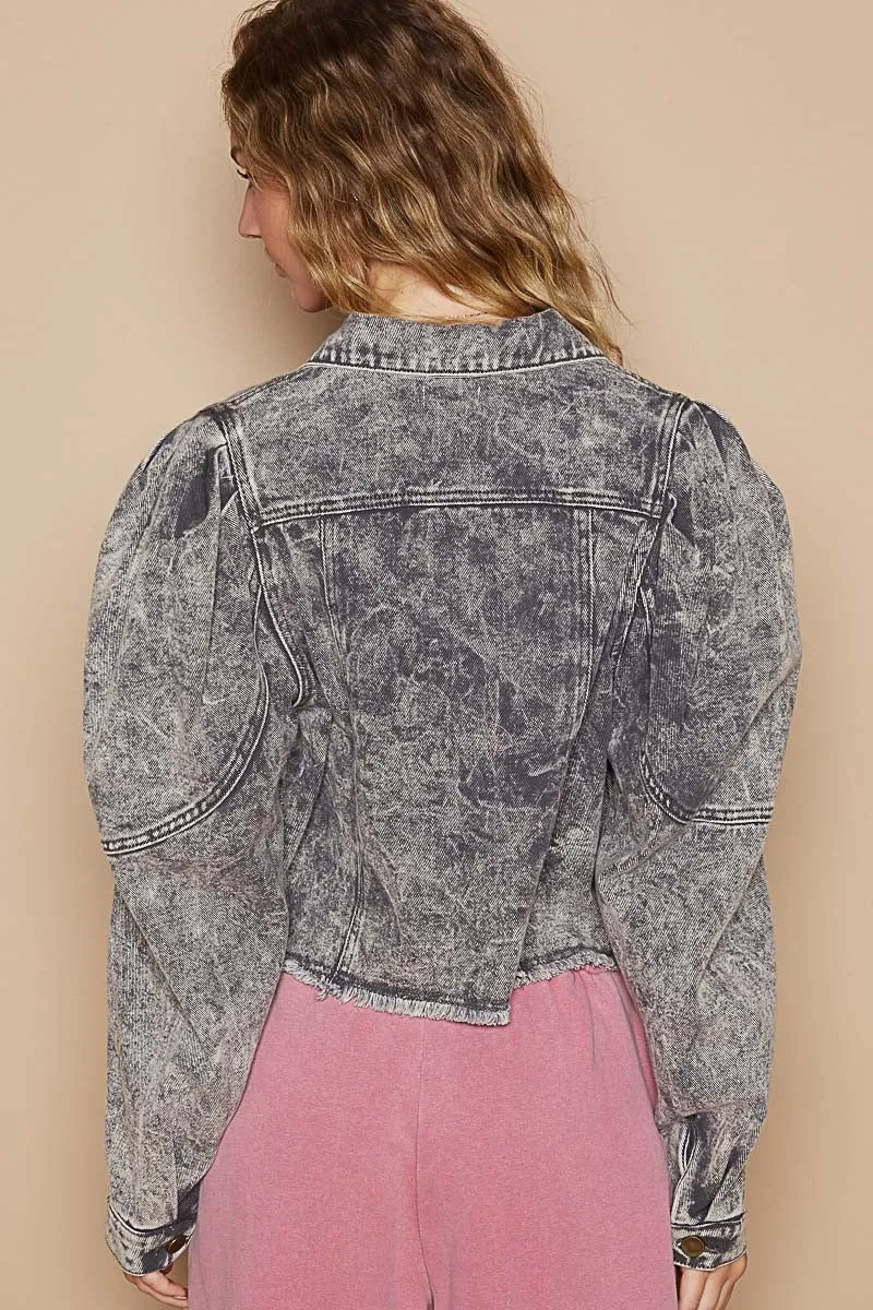 Charcoal Raw Hem Button Up Cropped Denim Jacket