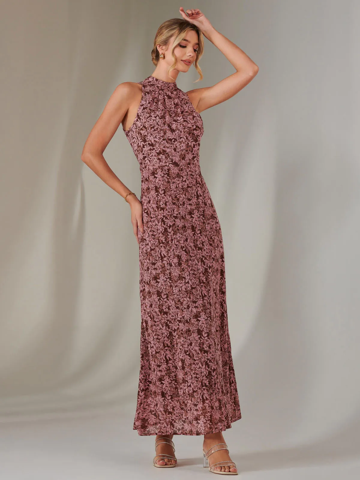 Chiffon Maxi Dress, Burgundy Pattern