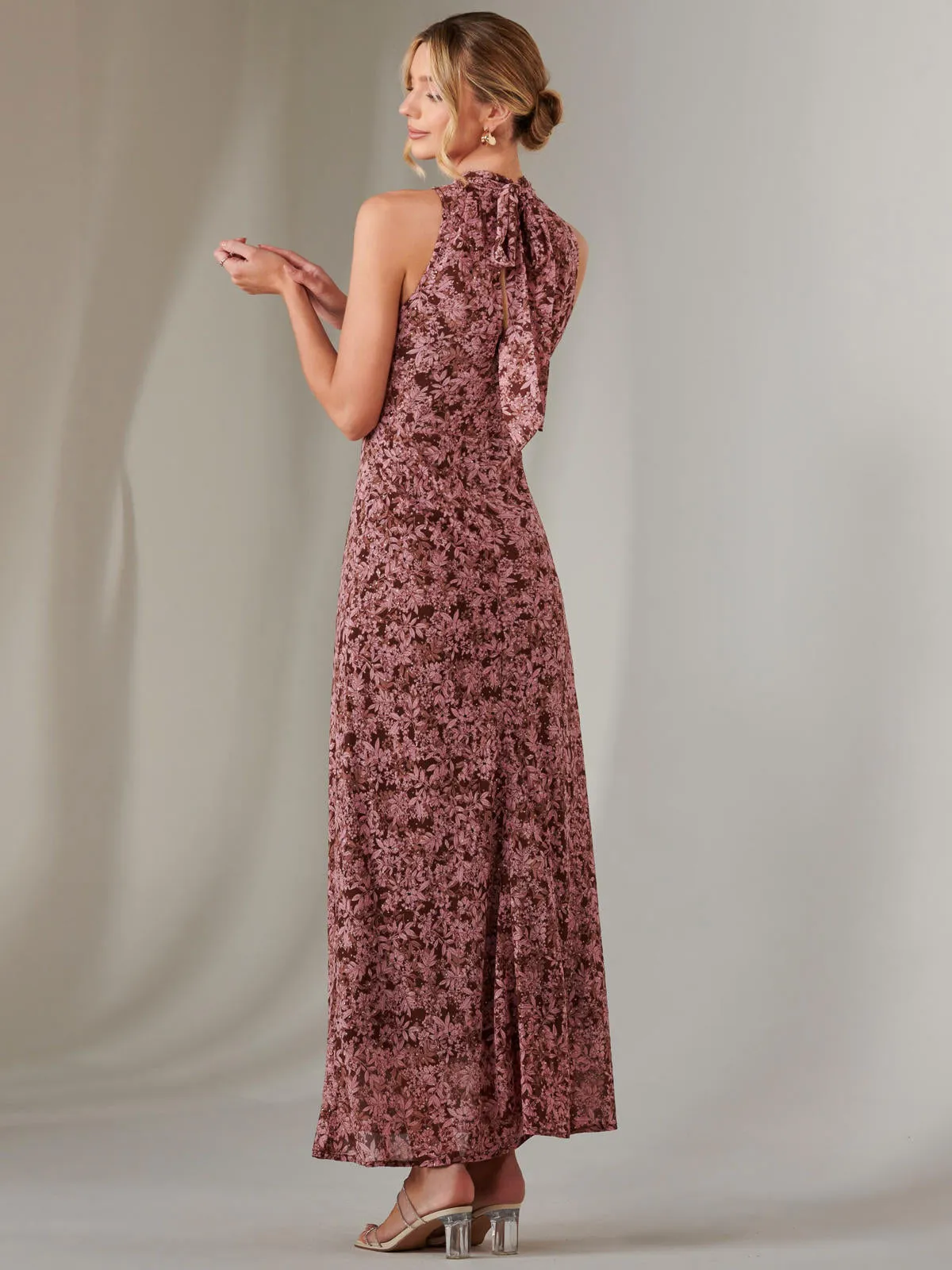 Chiffon Maxi Dress, Burgundy Pattern