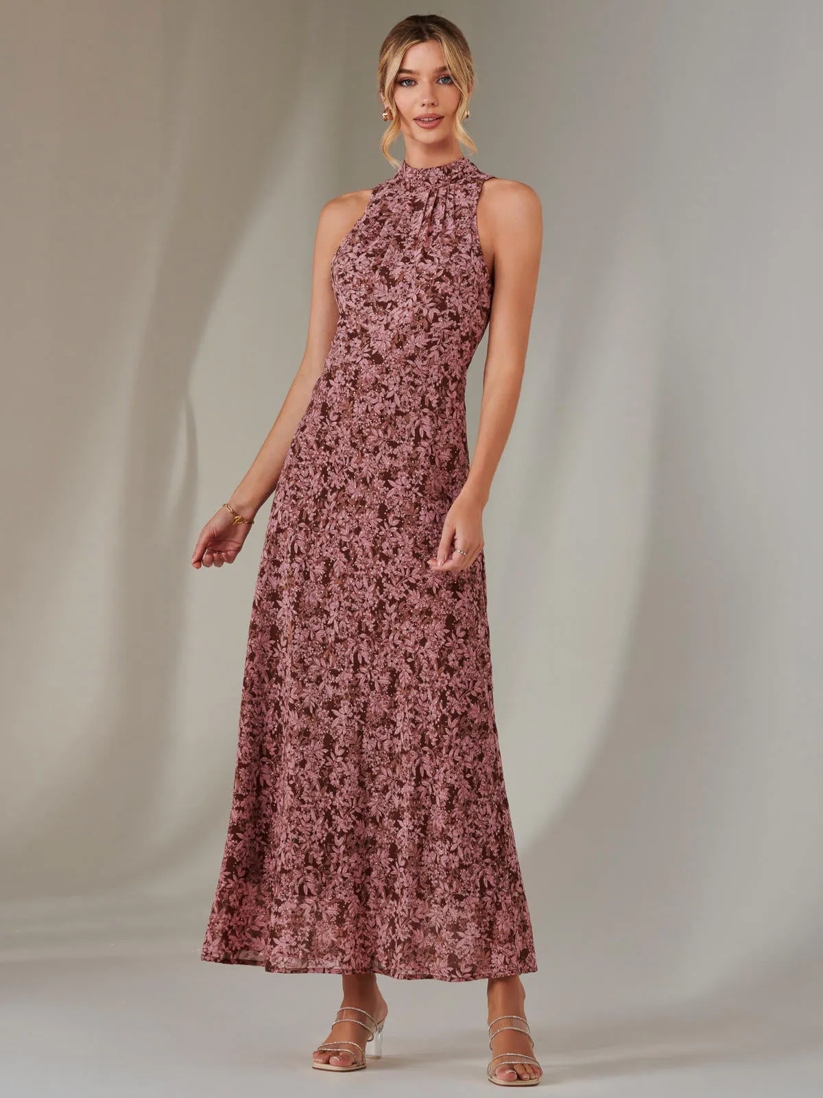 Chiffon Maxi Dress, Burgundy Pattern