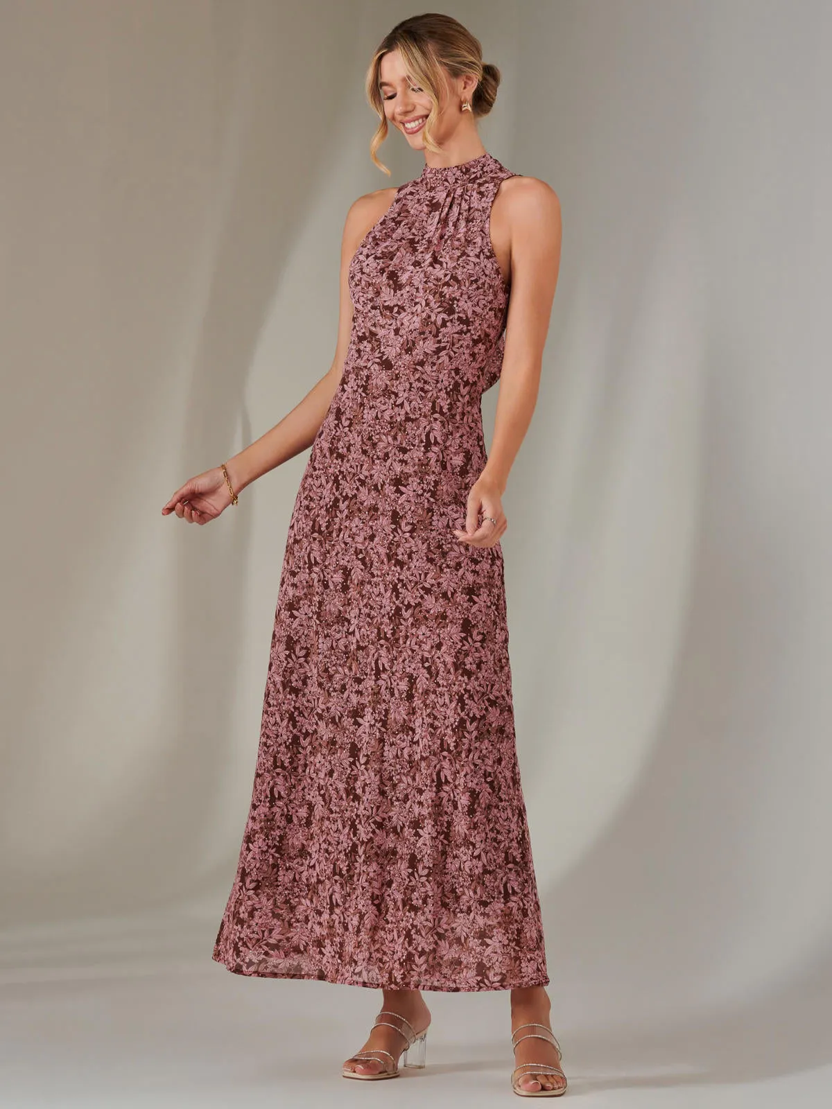 Chiffon Maxi Dress, Burgundy Pattern