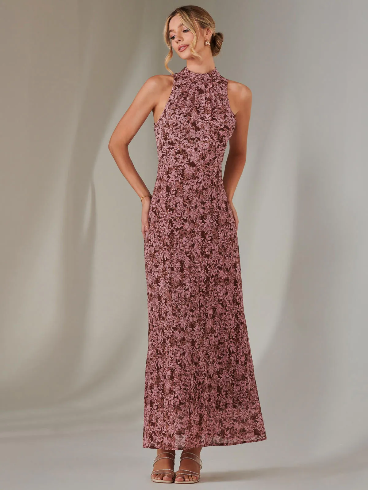 Chiffon Maxi Dress, Burgundy Pattern