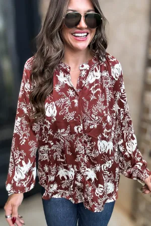 Cinnamon Abstract Print Satin Front Button Down Blouse