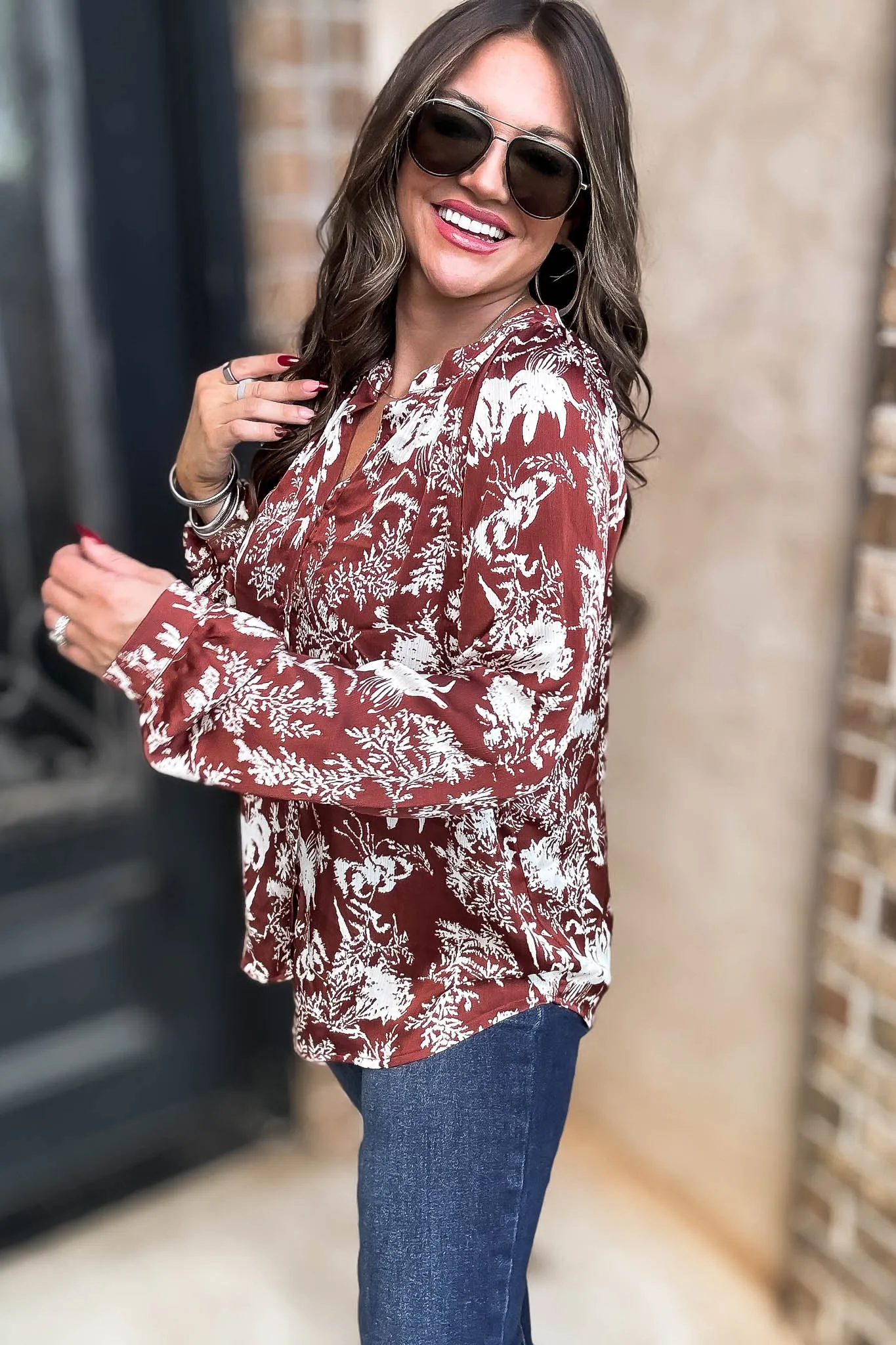 Cinnamon Abstract Print Satin Front Button Down Blouse