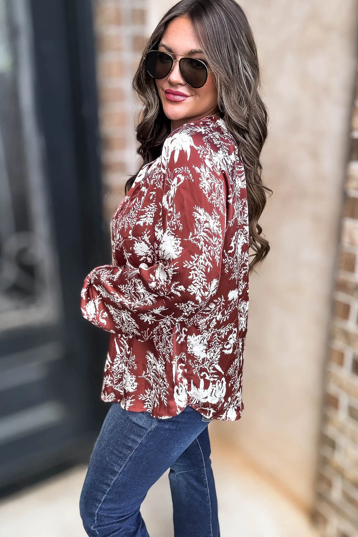 Cinnamon Abstract Print Satin Front Button Down Blouse