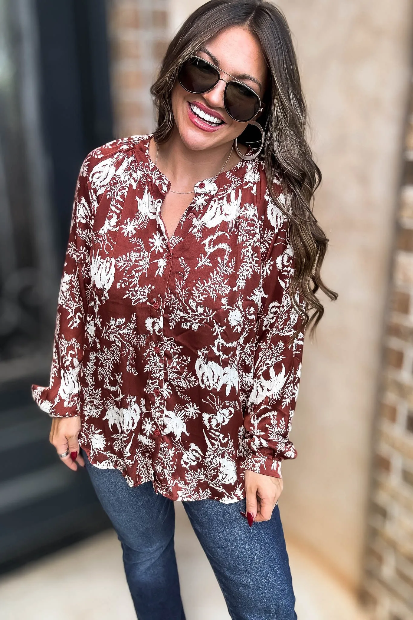 Cinnamon Abstract Print Satin Front Button Down Blouse