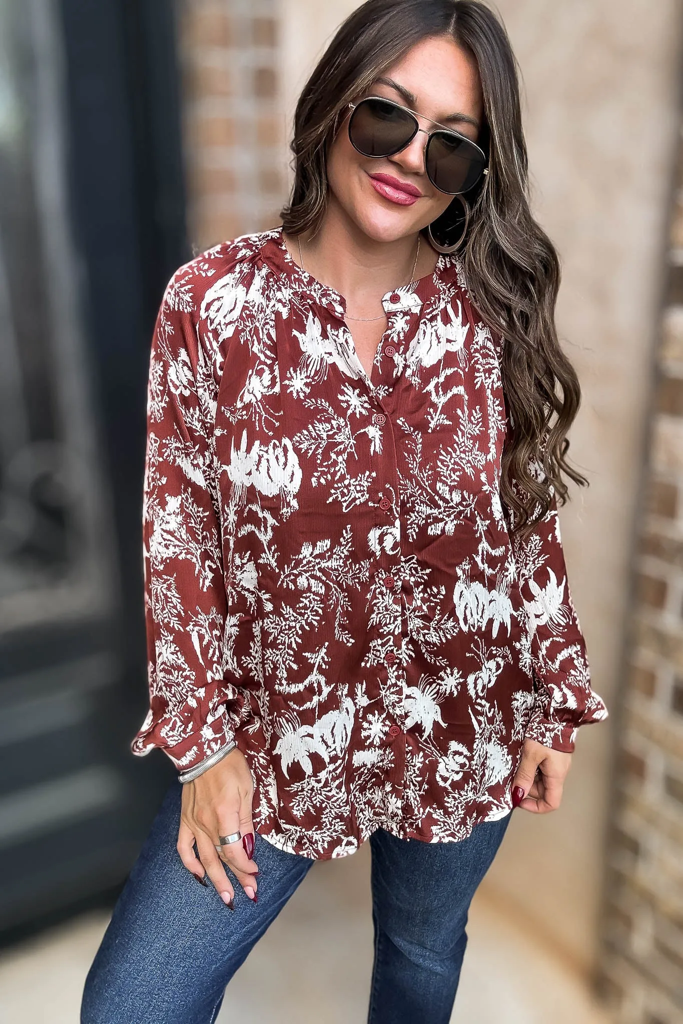 Cinnamon Abstract Print Satin Front Button Down Blouse
