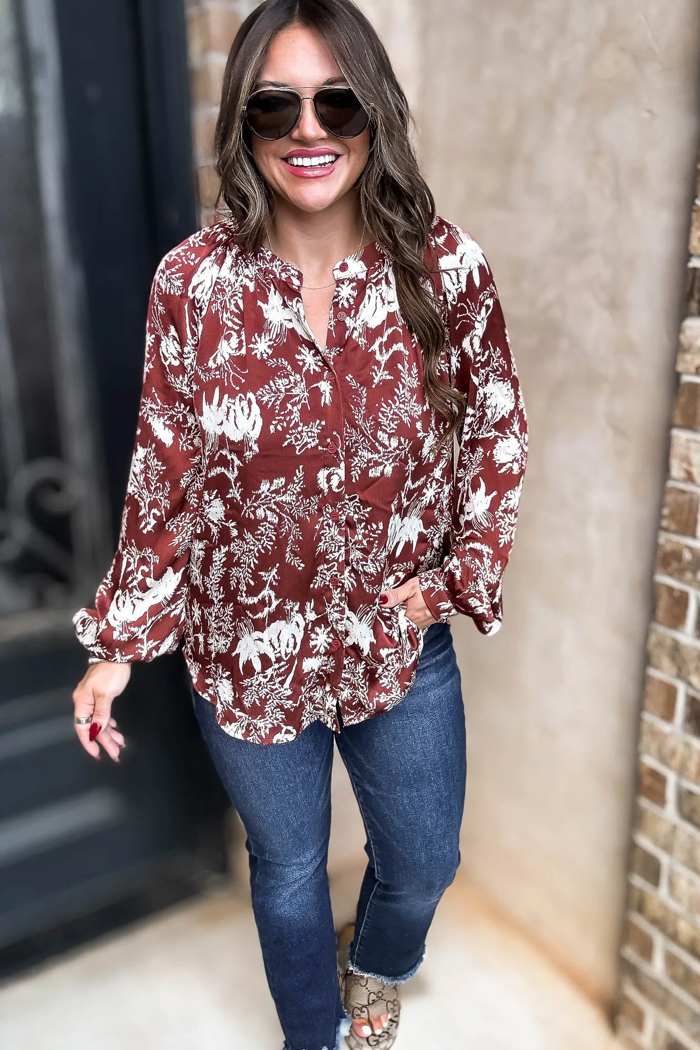 Cinnamon Abstract Print Satin Front Button Down Blouse