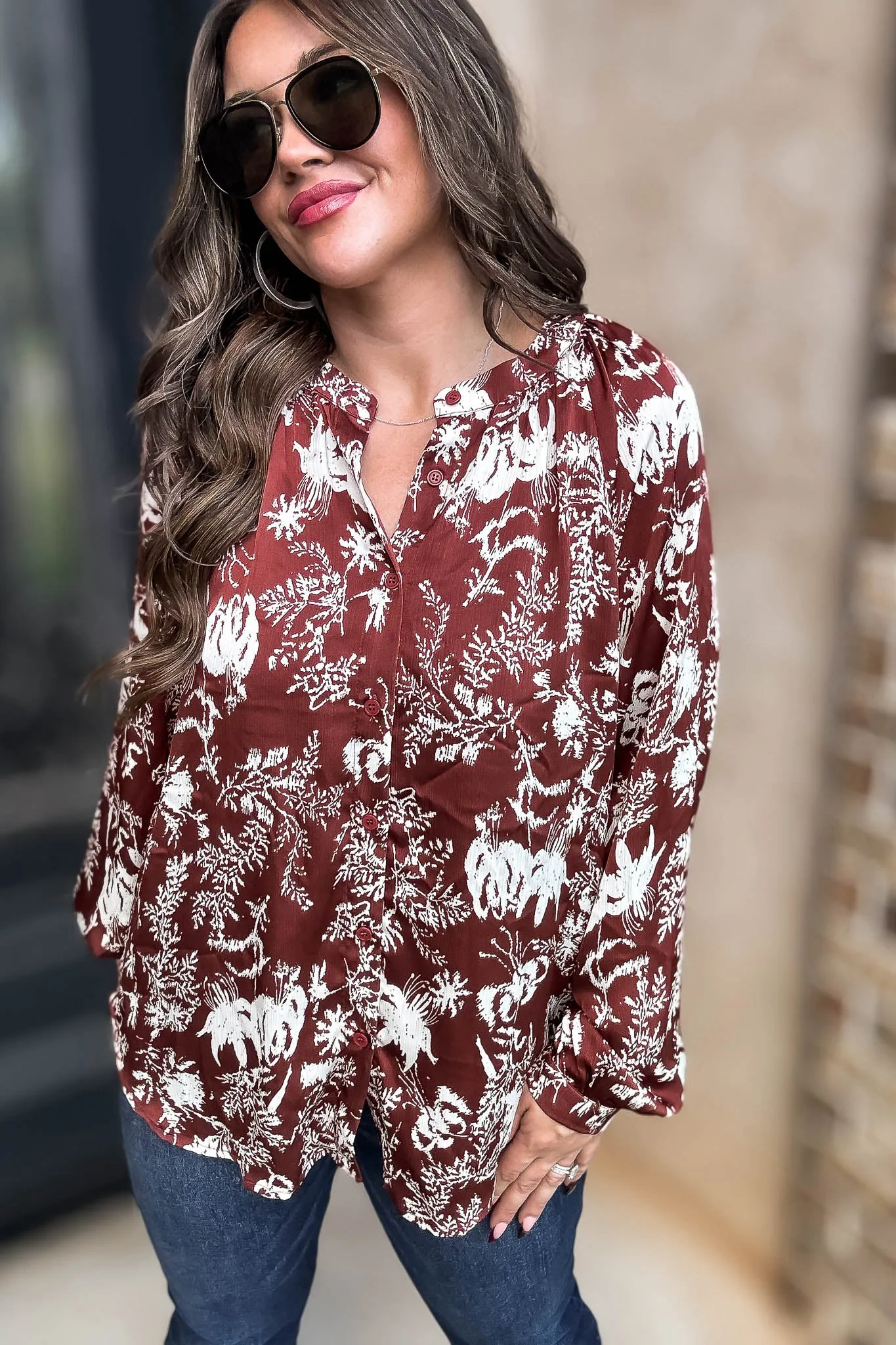 Cinnamon Abstract Print Satin Front Button Down Blouse