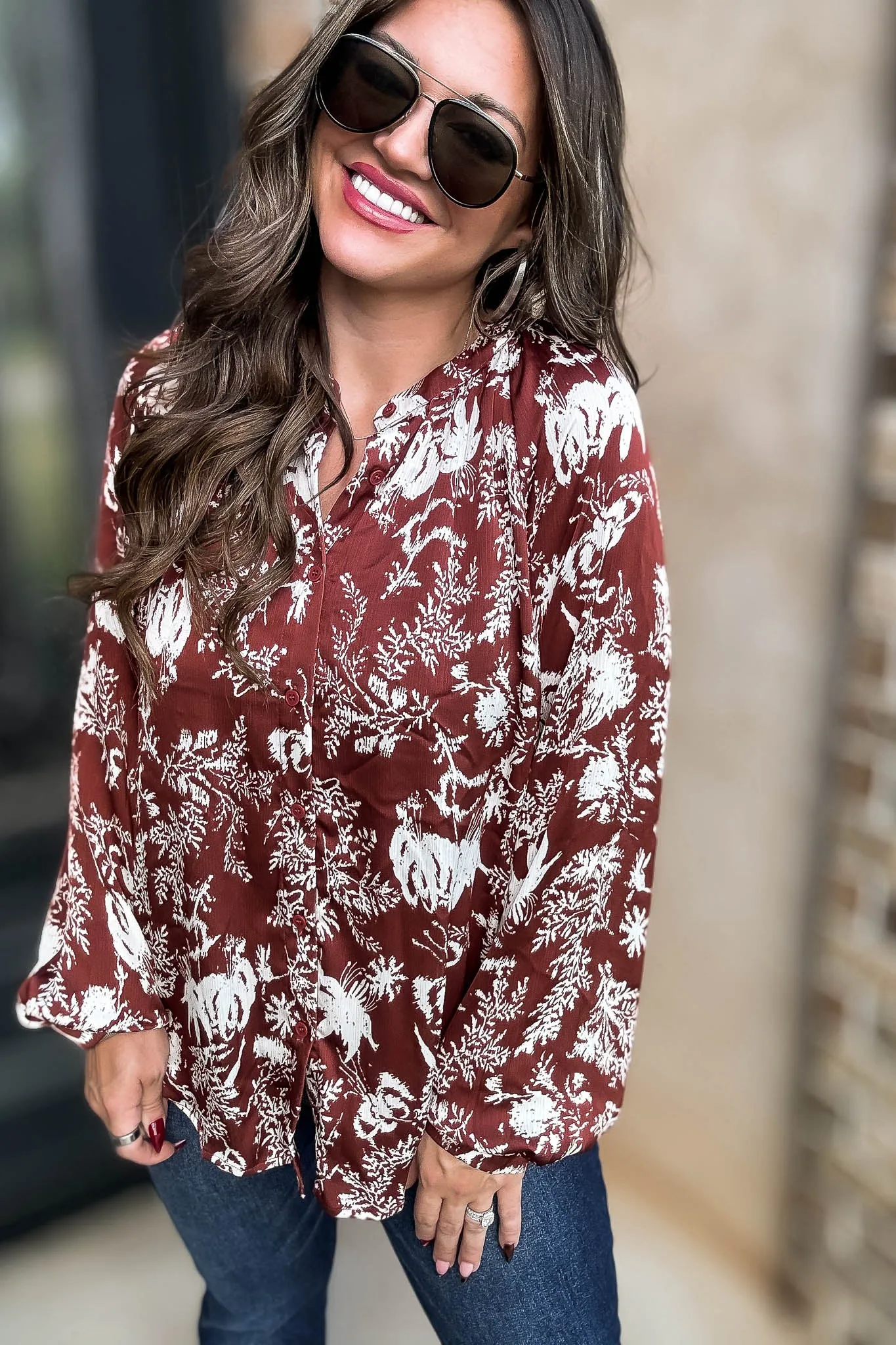 Cinnamon Abstract Print Satin Front Button Down Blouse
