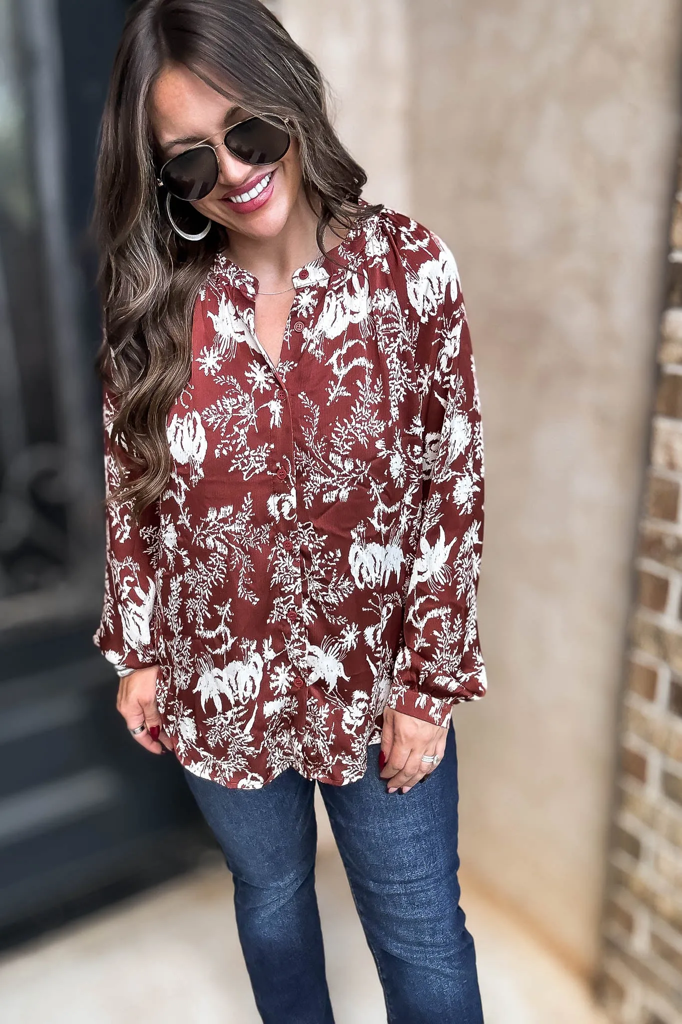 Cinnamon Abstract Print Satin Front Button Down Blouse