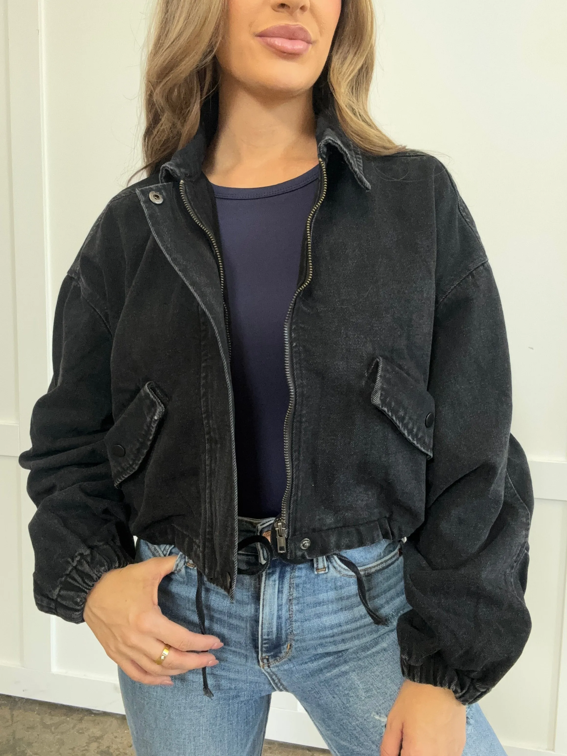 Cloudy Day Drawstring Waist Crop Denim Jacket - Black