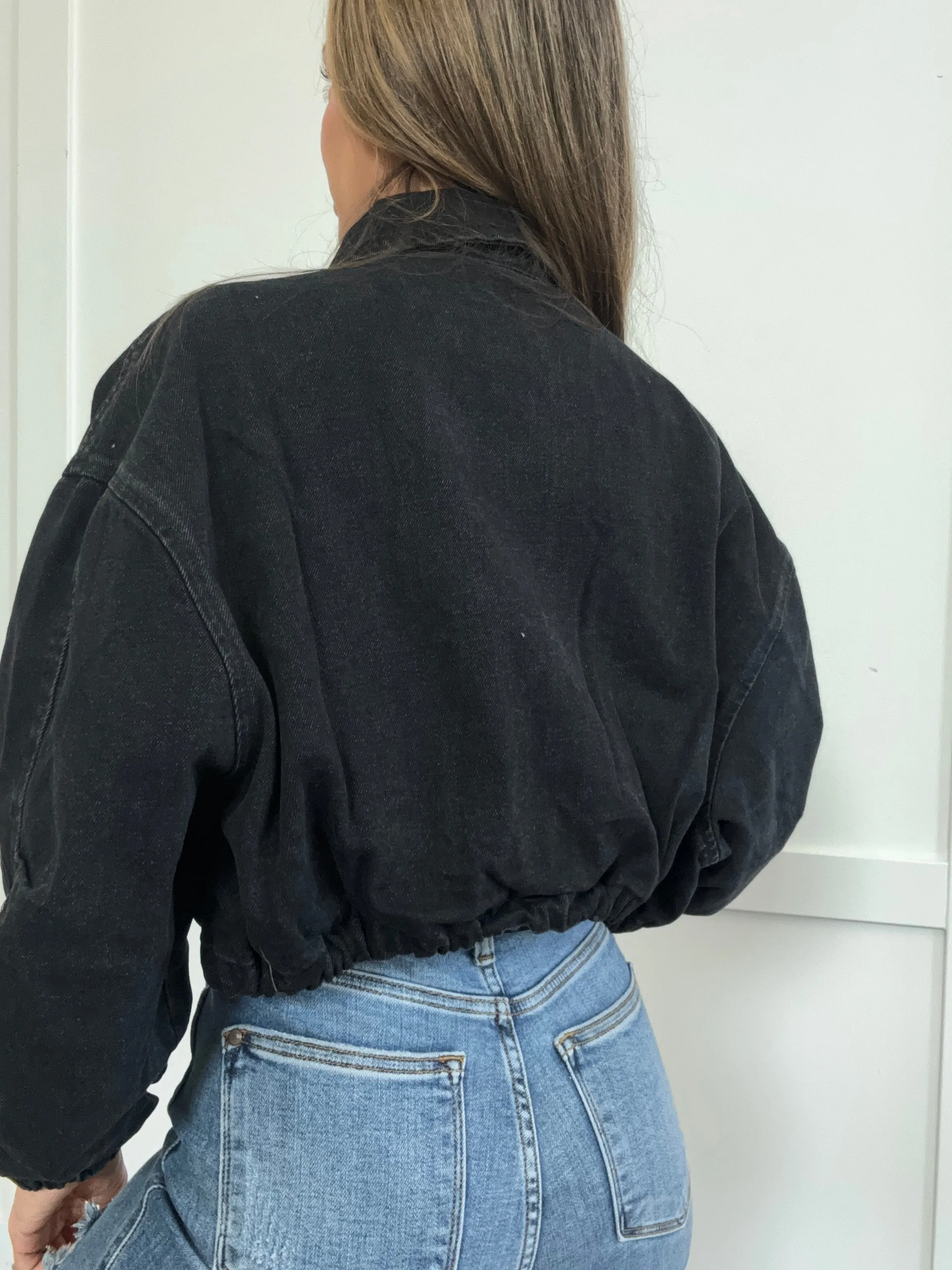 Cloudy Day Drawstring Waist Crop Denim Jacket - Black