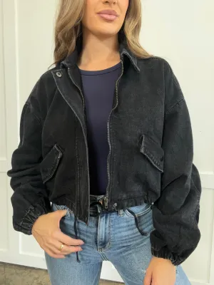 Cloudy Day Drawstring Waist Crop Denim Jacket - Black