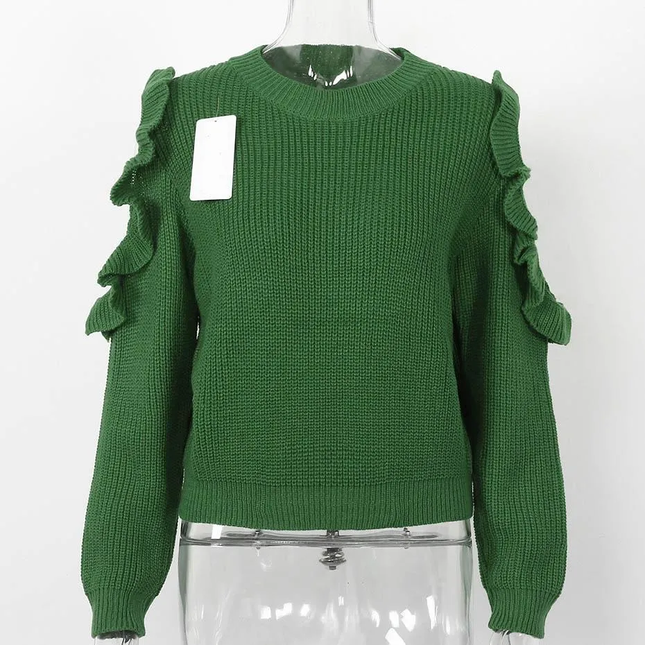 Cold Off Shoulder Ruffle Long Sleeve Knitted Sweater