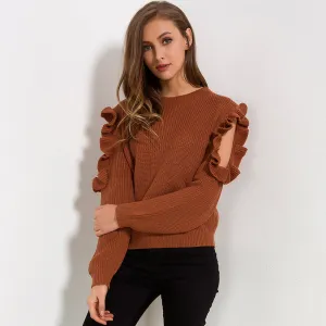 Cold Off Shoulder Ruffle Long Sleeve Knitted Sweater
