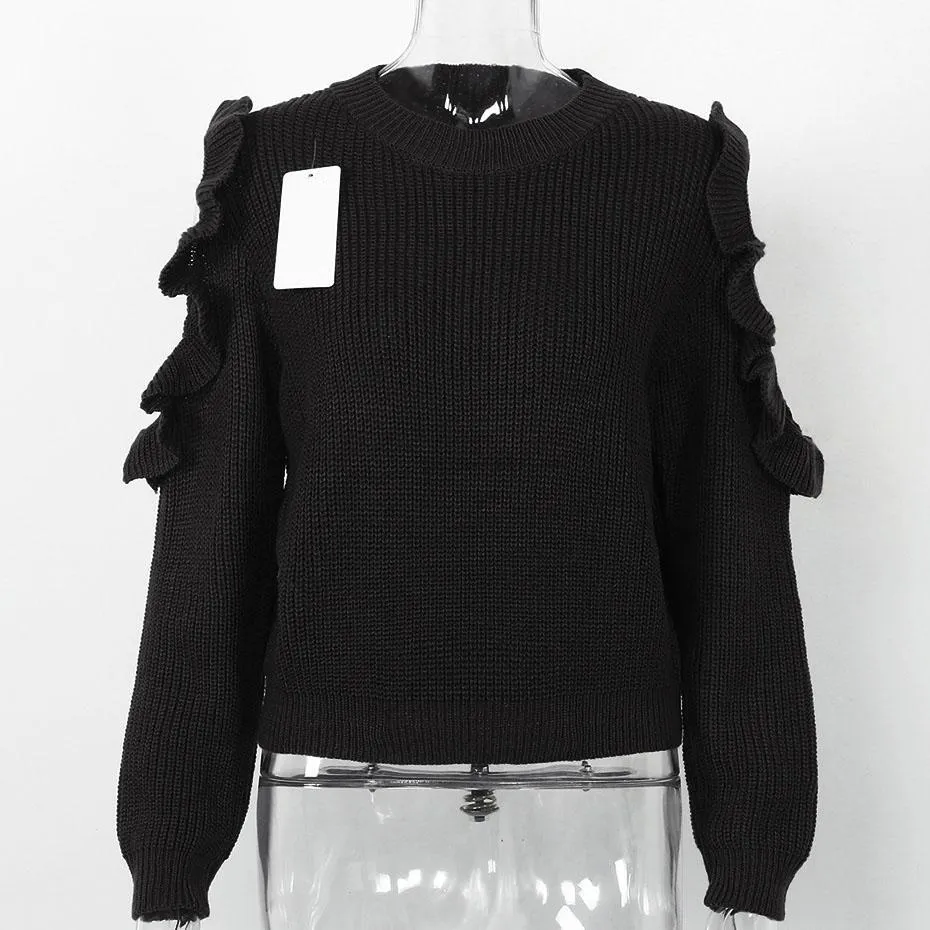 Cold Off Shoulder Ruffle Long Sleeve Knitted Sweater