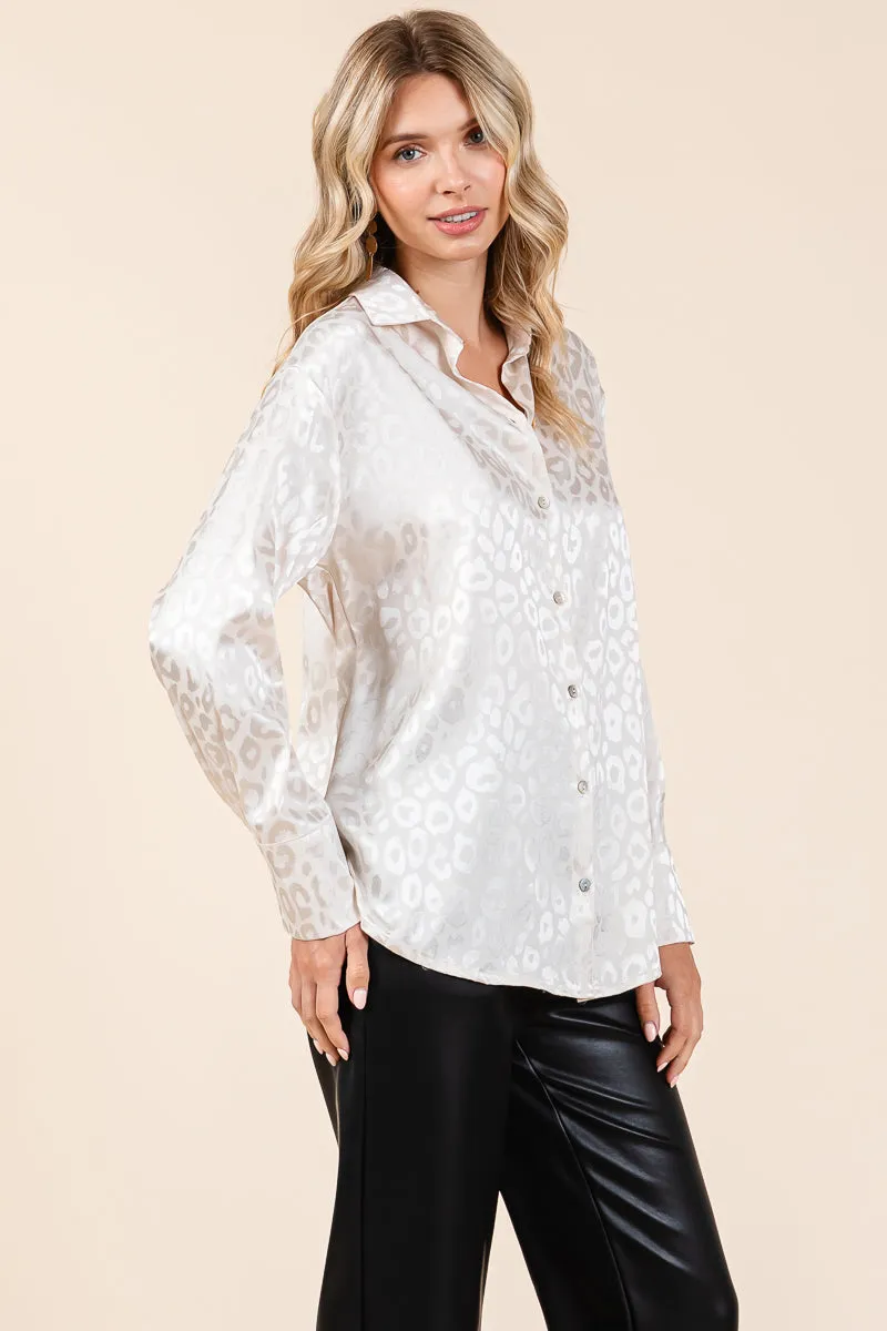 Collared Leopard Print Satin Button Down Blouse
