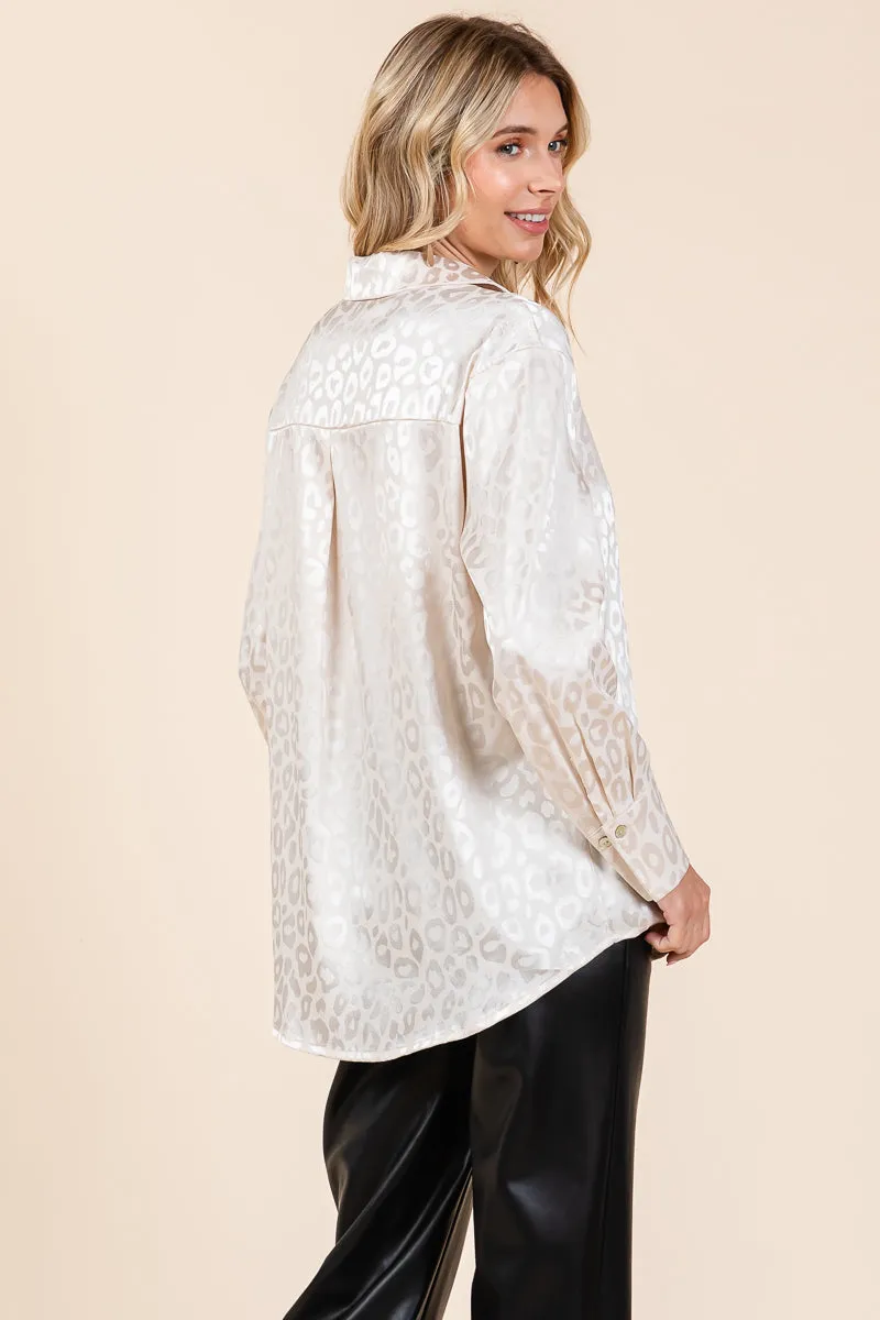 Collared Leopard Print Satin Button Down Blouse