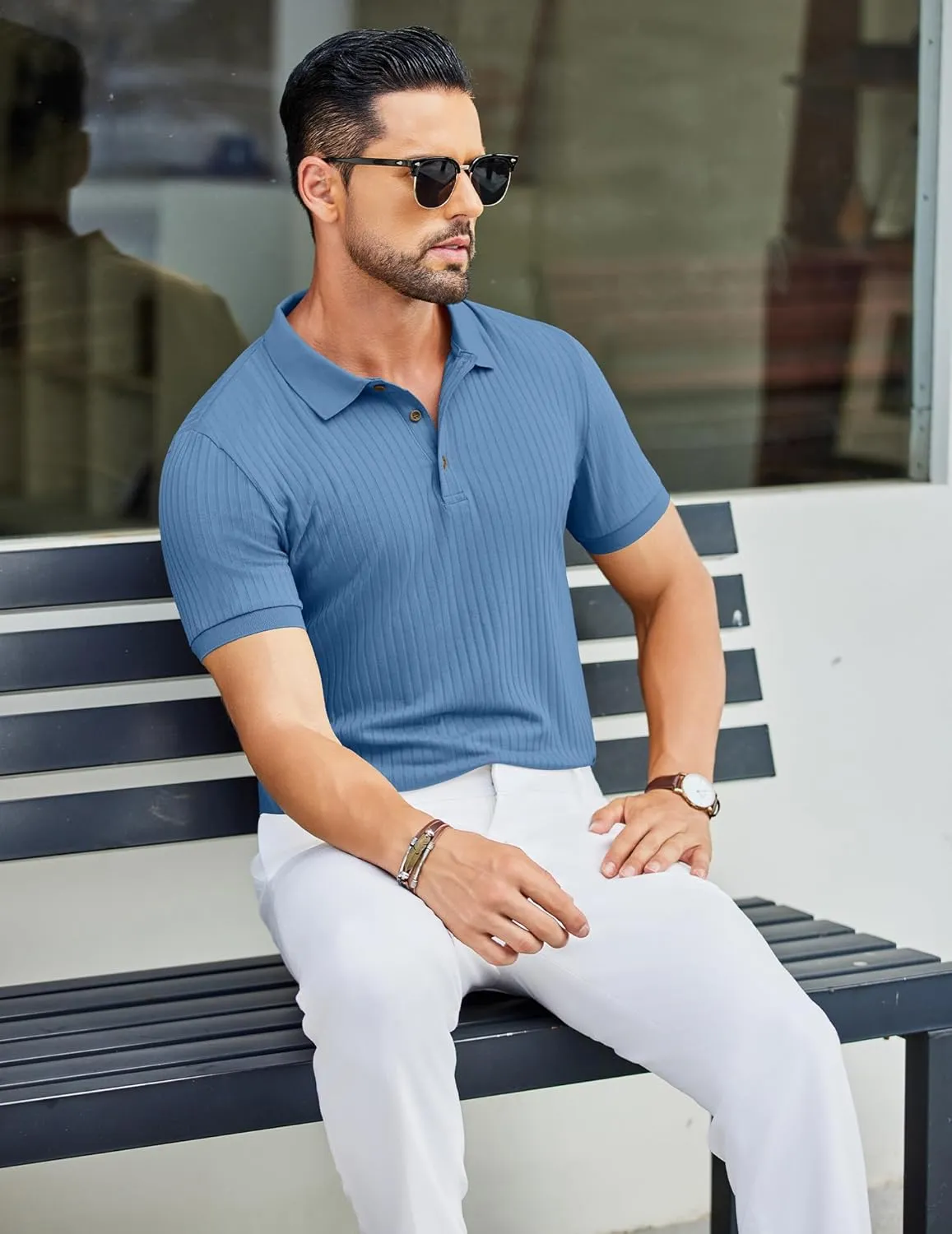 COOFANDY Men's Textured Polo Shirts Short Sleeve Slim Fit Casual Button Polo T-Shirt Summer Collared Golf Shirt