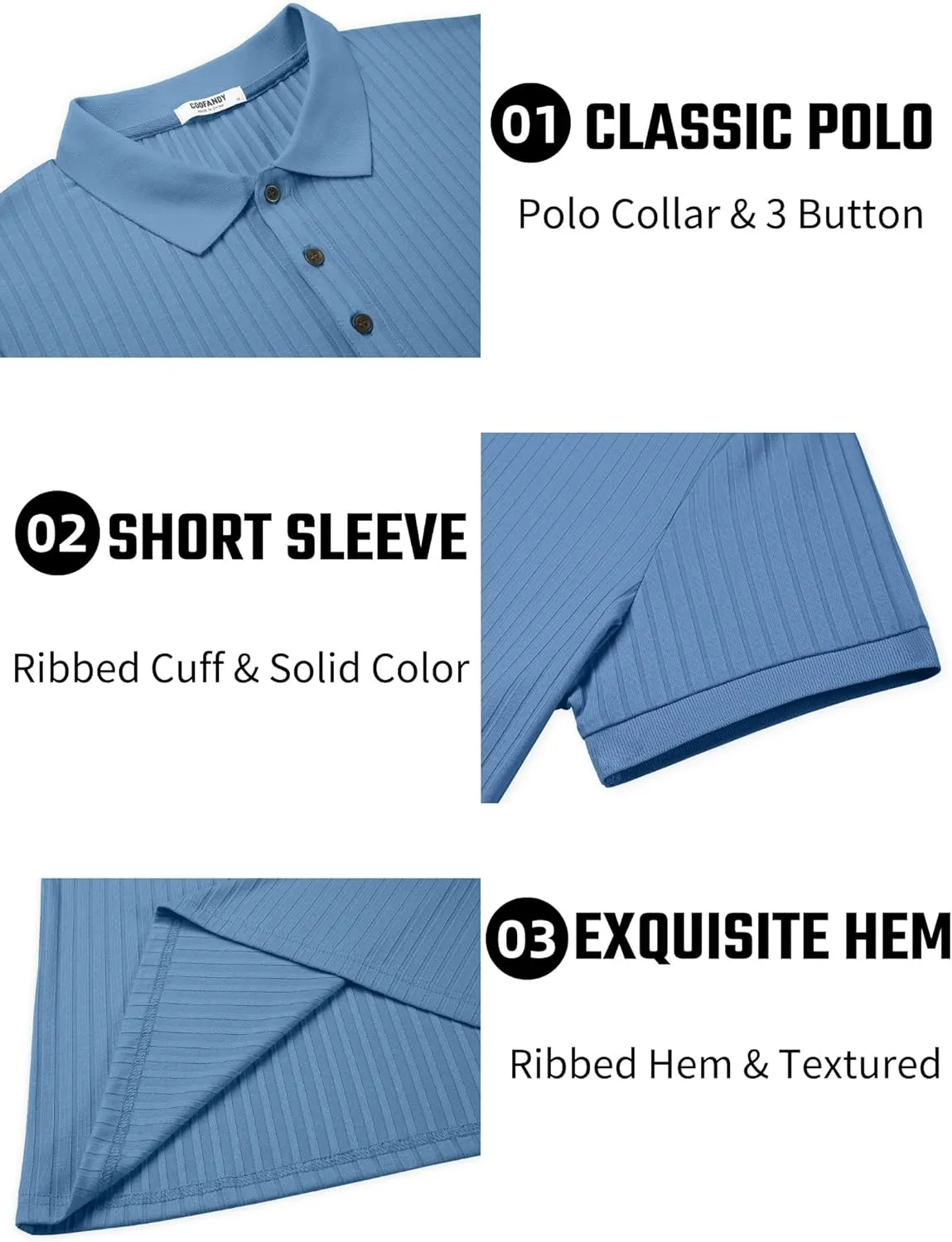 COOFANDY Men's Textured Polo Shirts Short Sleeve Slim Fit Casual Button Polo T-Shirt Summer Collared Golf Shirt