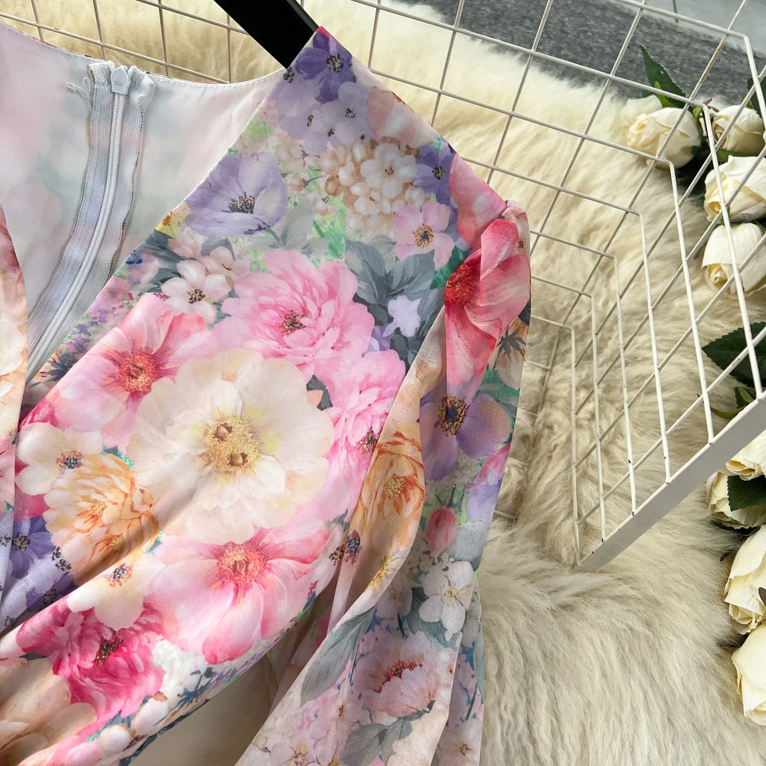 Courtly V-neck Floral Chiffon Dress