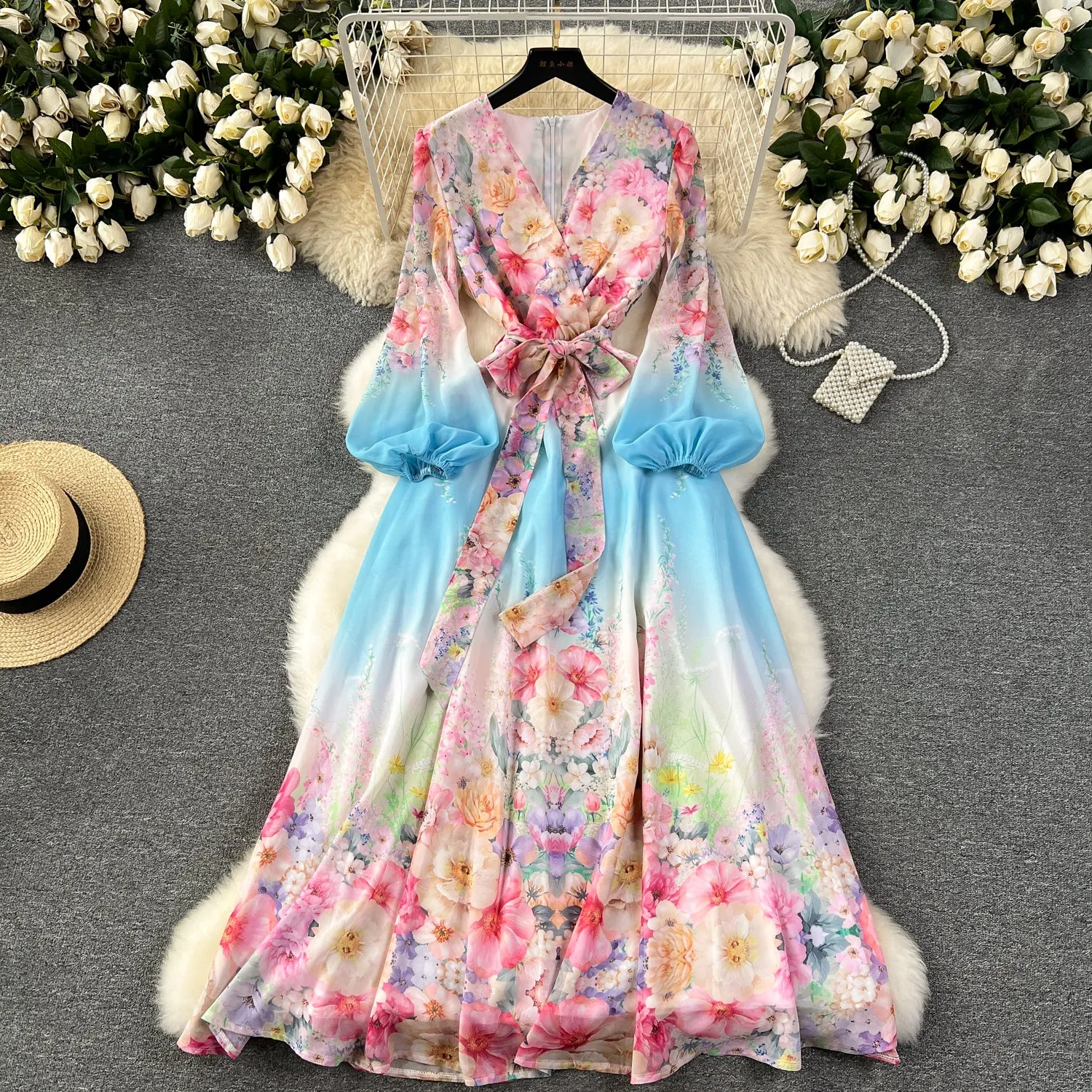 Courtly V-neck Floral Chiffon Dress