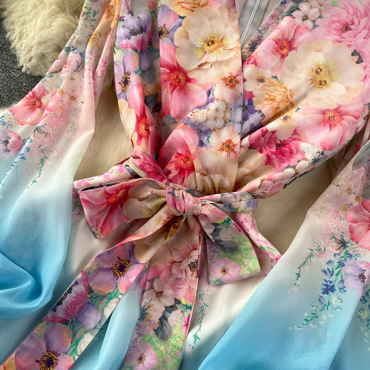 Courtly V-neck Floral Chiffon Dress