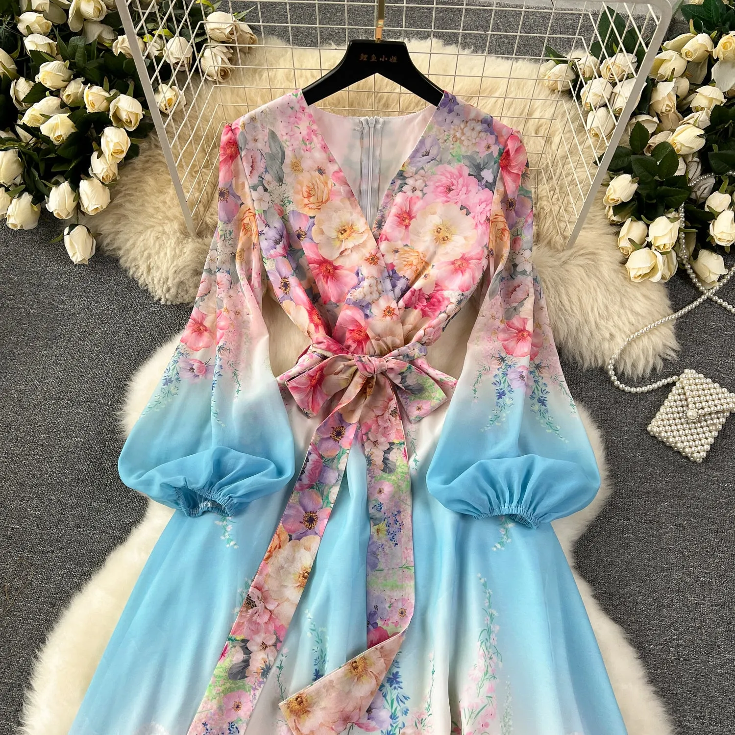 Courtly V-neck Floral Chiffon Dress