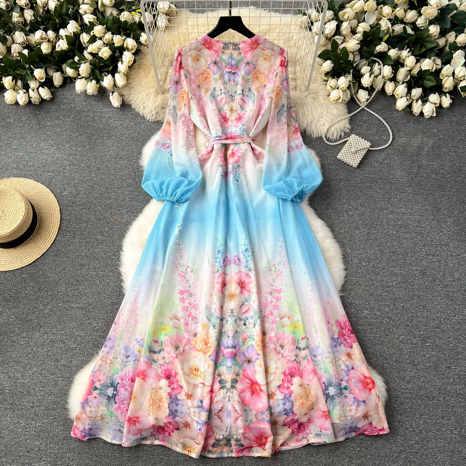 Courtly V-neck Floral Chiffon Dress