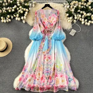 Courtly V-neck Floral Chiffon Dress