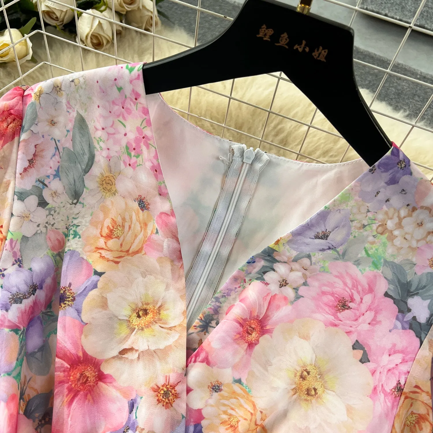 Courtly V-neck Floral Chiffon Dress