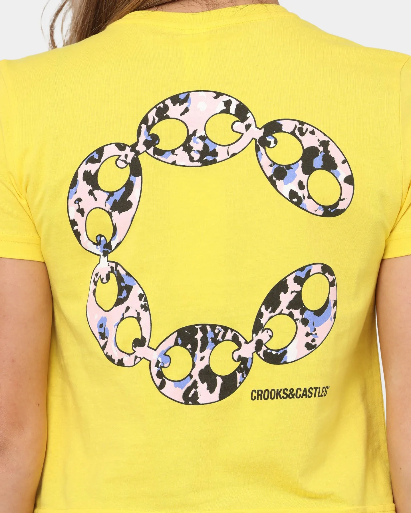Crooks & Castles Women's Chain Leopard Crop T-Shirt Yellow