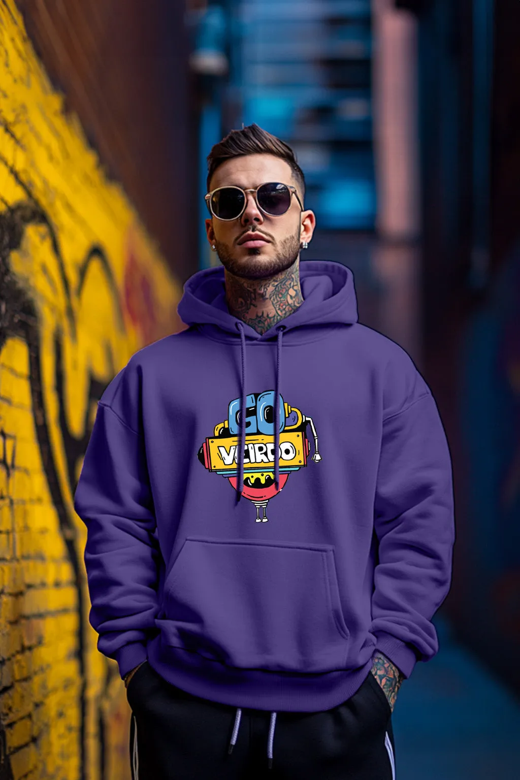 Doodle Purple Oversized Chest Graphic Printed Hoodie