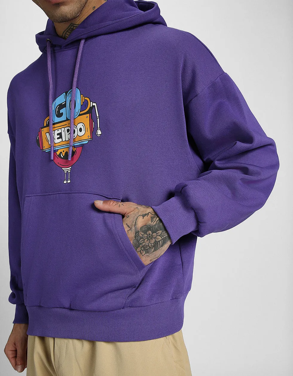 Doodle Purple Oversized Chest Graphic Printed Hoodie