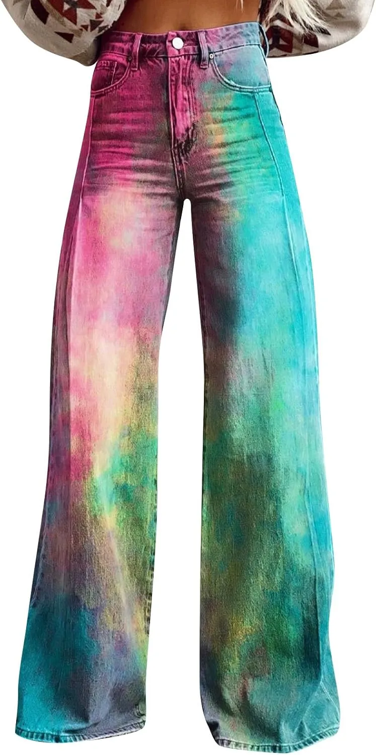 Flare Jeans for Women Vintage Wide Leg Boyfriend Baggy Stretchy High Waisted Denim Pants with Pockets