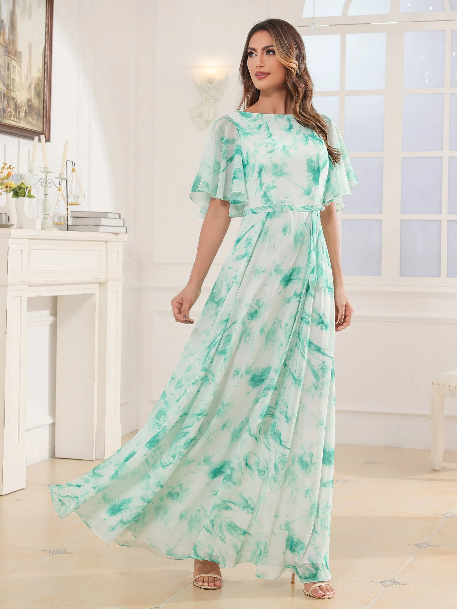 Flutter Sleeves Chiffon Max Dresses with Sash Bow Mint Marble
