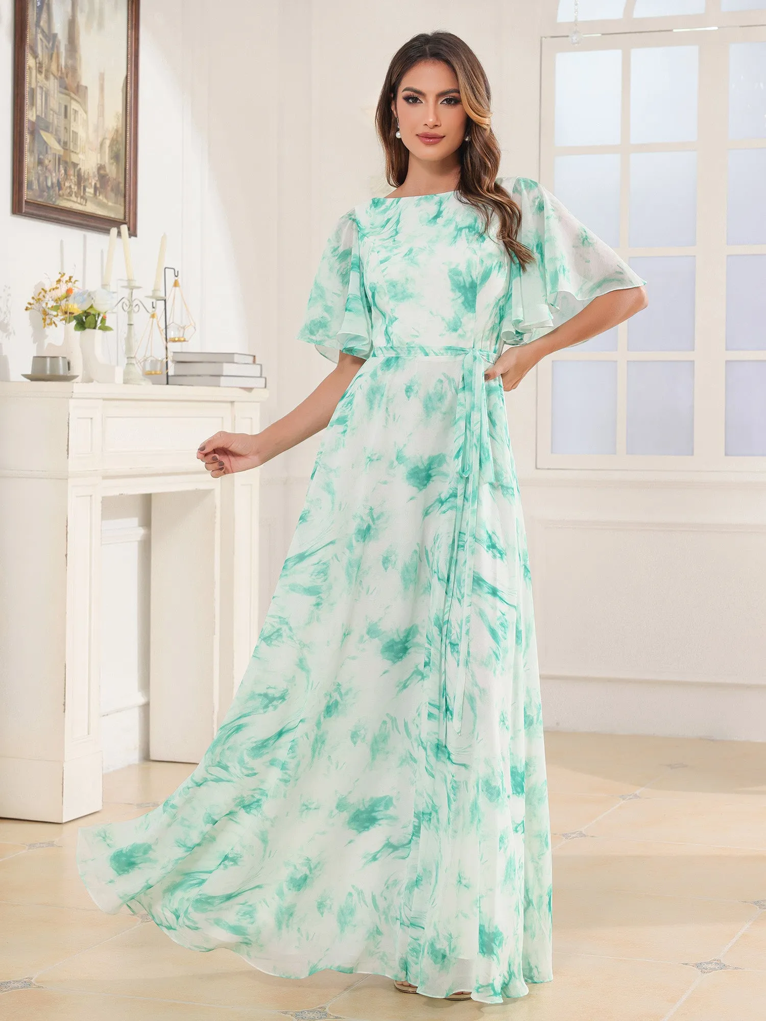 Flutter Sleeves Chiffon Max Dresses with Sash Bow Mint Marble