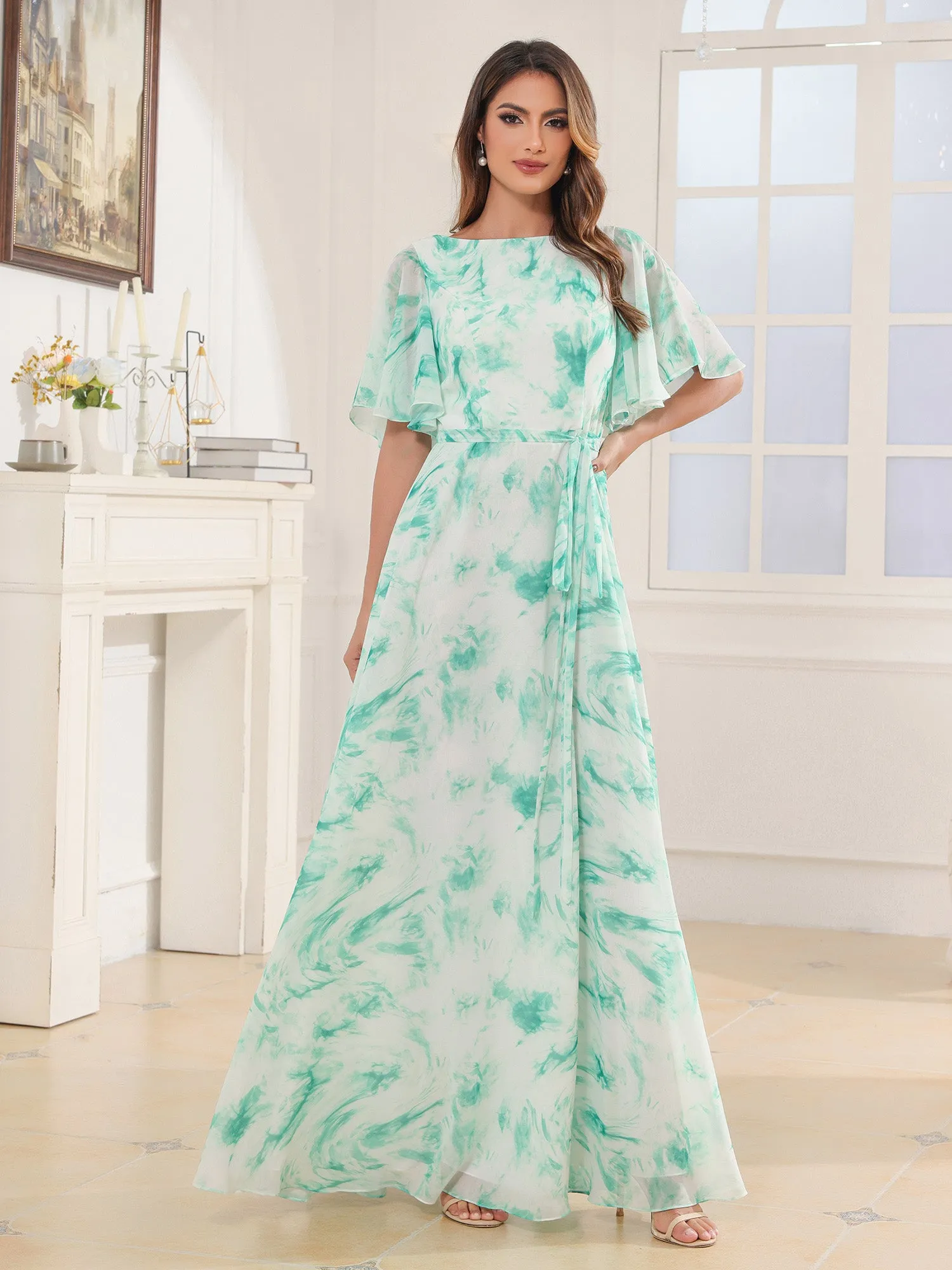 Flutter Sleeves Chiffon Max Dresses with Sash Bow Mint Marble