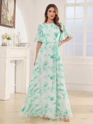 Flutter Sleeves Chiffon Max Dresses with Sash Bow Mint Marble