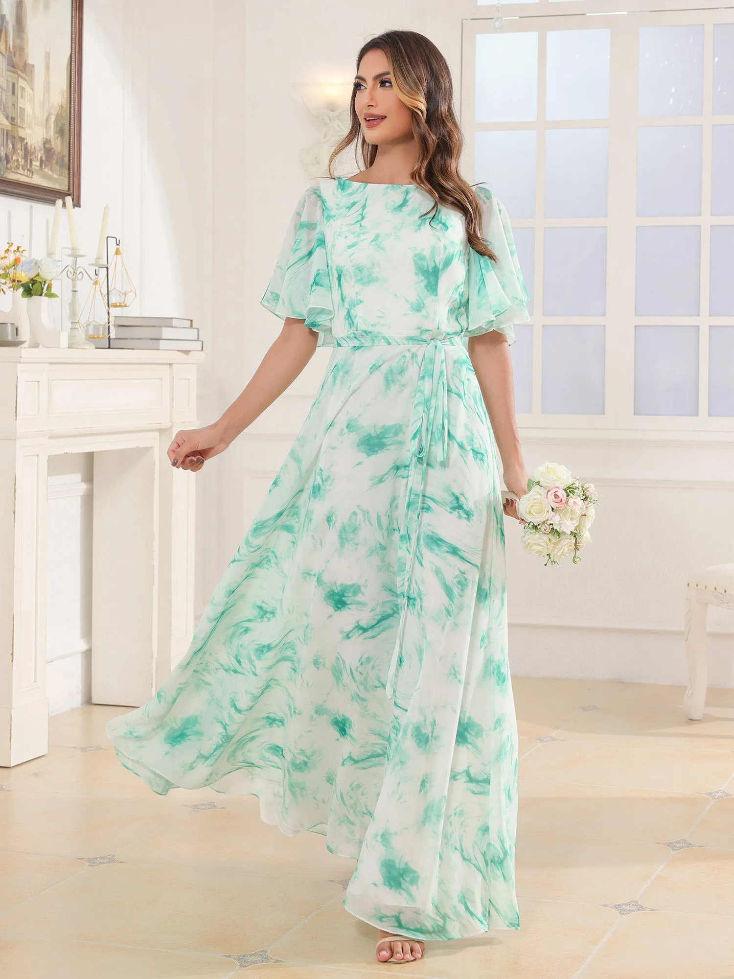 Flutter Sleeves Chiffon Max Dresses with Sash Bow Mint Marble