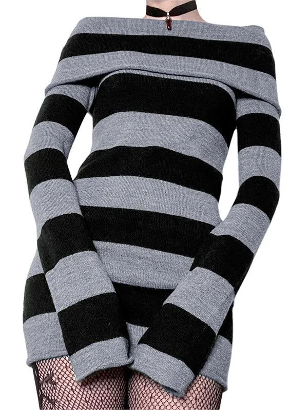 Flytonn- Knitted Off-Shoulder Long Sleeve Striped Mini Dress