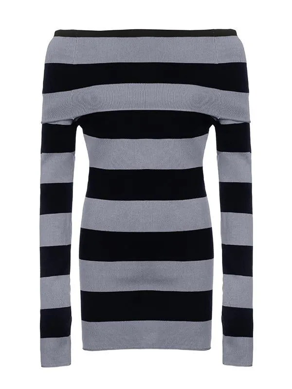 Flytonn- Knitted Off-Shoulder Long Sleeve Striped Mini Dress