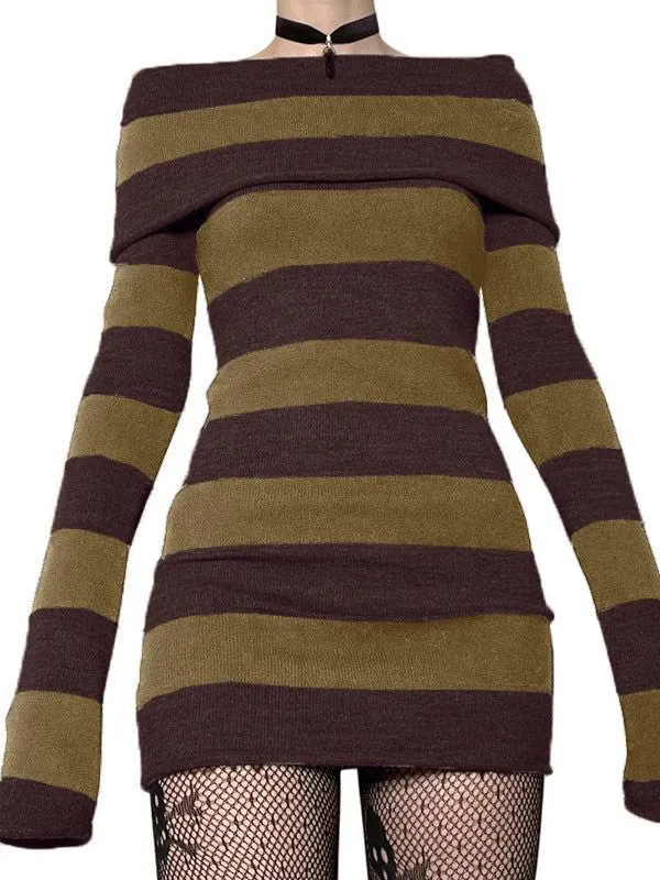 Flytonn- Knitted Off-Shoulder Long Sleeve Striped Mini Dress